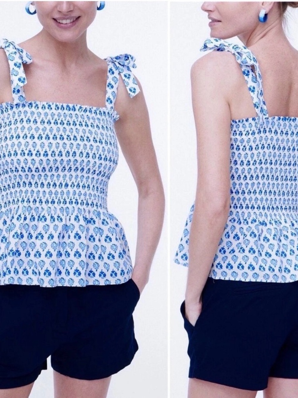 J.Crew Factory Smocked Tie-Shoulder Tank Top White Malibu Blue floral
print Sz L